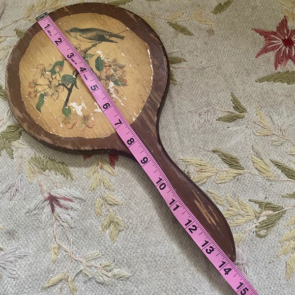 VTG I Long Handle Round Wood Hand Mirror Bird Dogwood Flowers - Picture 3 of 16